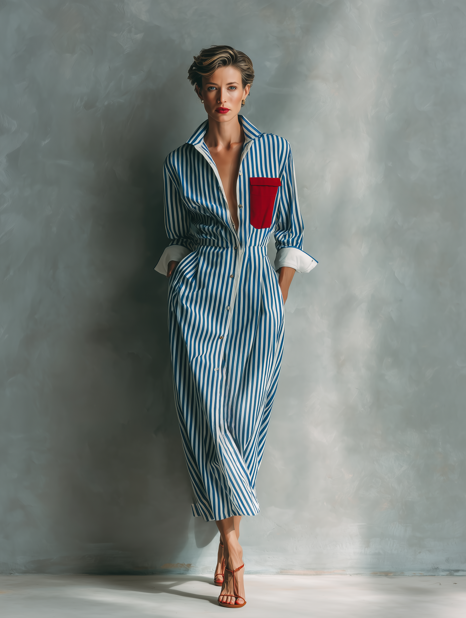 Women's Blue And White Cotton Blend Striped Shirt Dress With Red Chest Pocket MDZ1286C2T