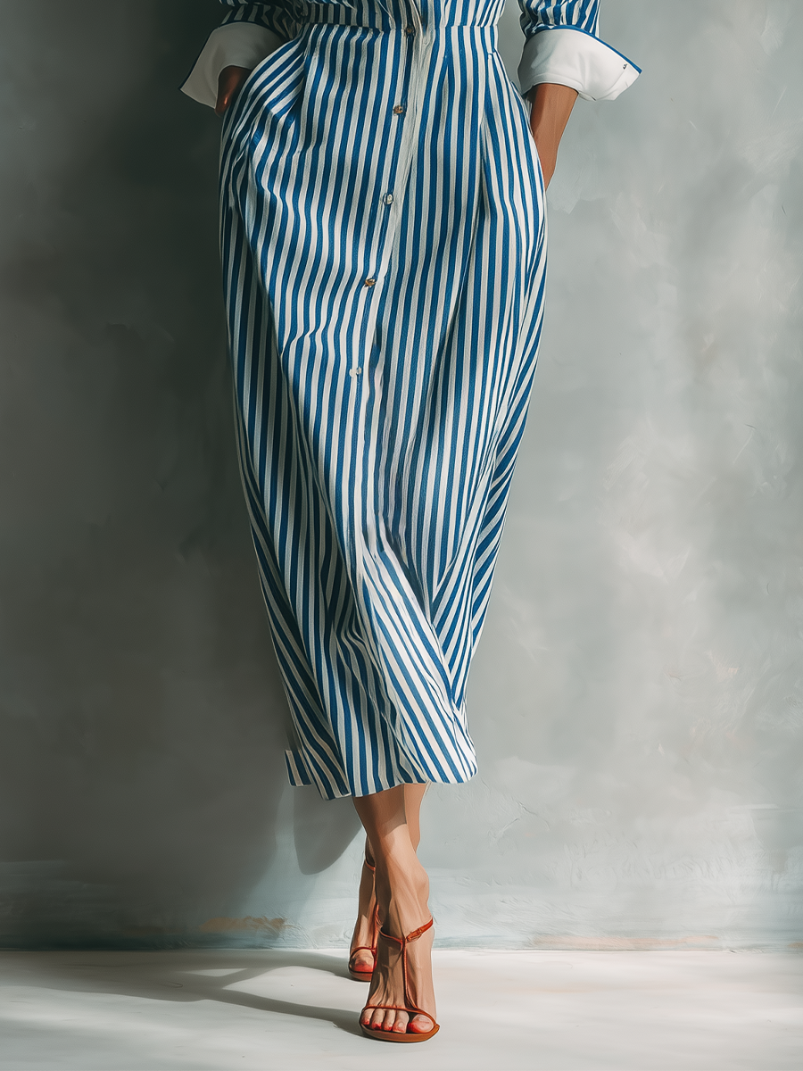 Women's Blue And White Cotton Blend Striped Shirt Dress With Red Chest Pocket MDZ1286C2T