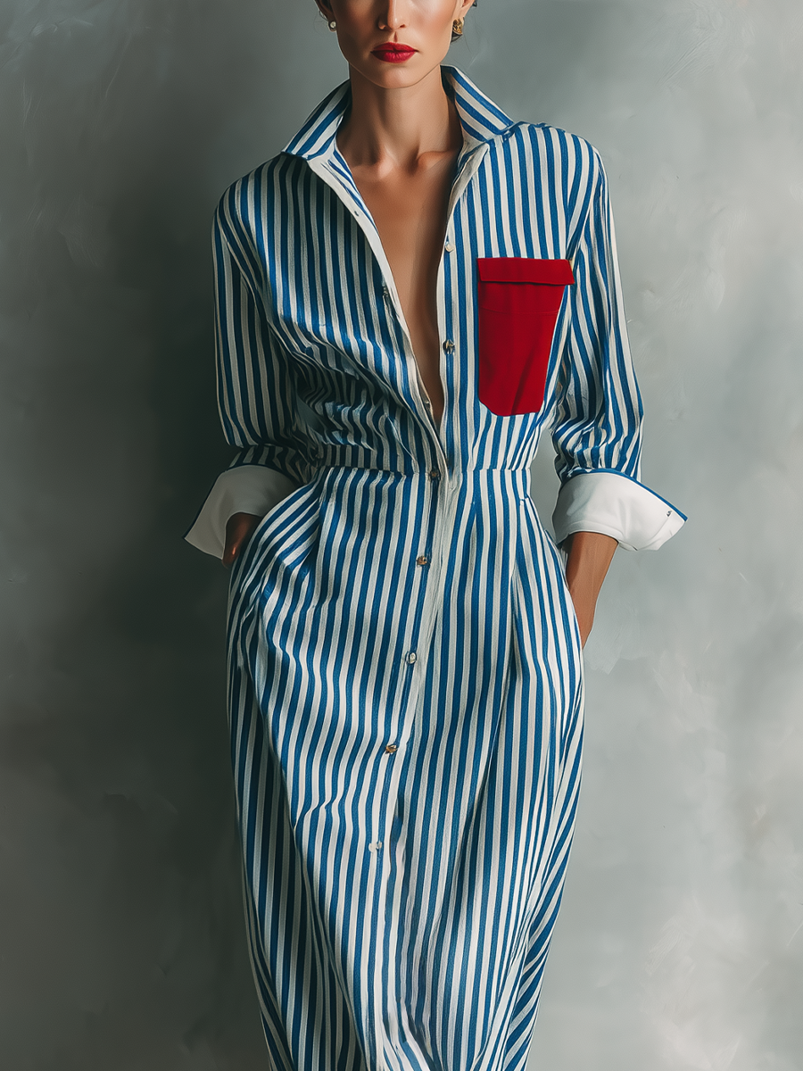 Women's Blue And White Cotton Blend Striped Shirt Dress With Red Chest Pocket MDZ1286C2T