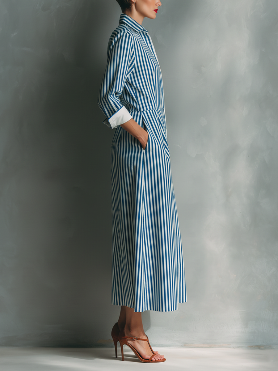 Women's Blue And White Cotton Blend Striped Shirt Dress With Red Chest Pocket MDZ1286C2T