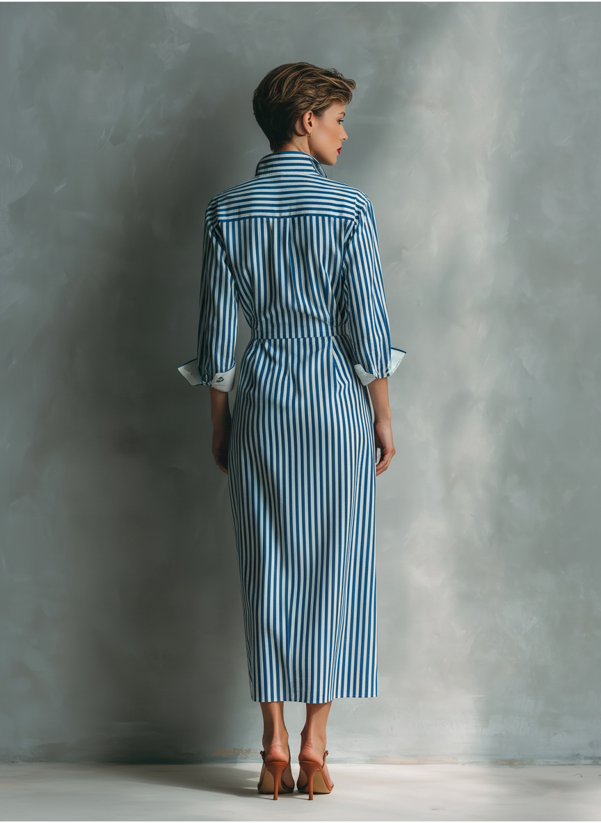 Women's Blue And White Cotton Blend Striped Shirt Dress With Red Chest Pocket MDZ1286C2T