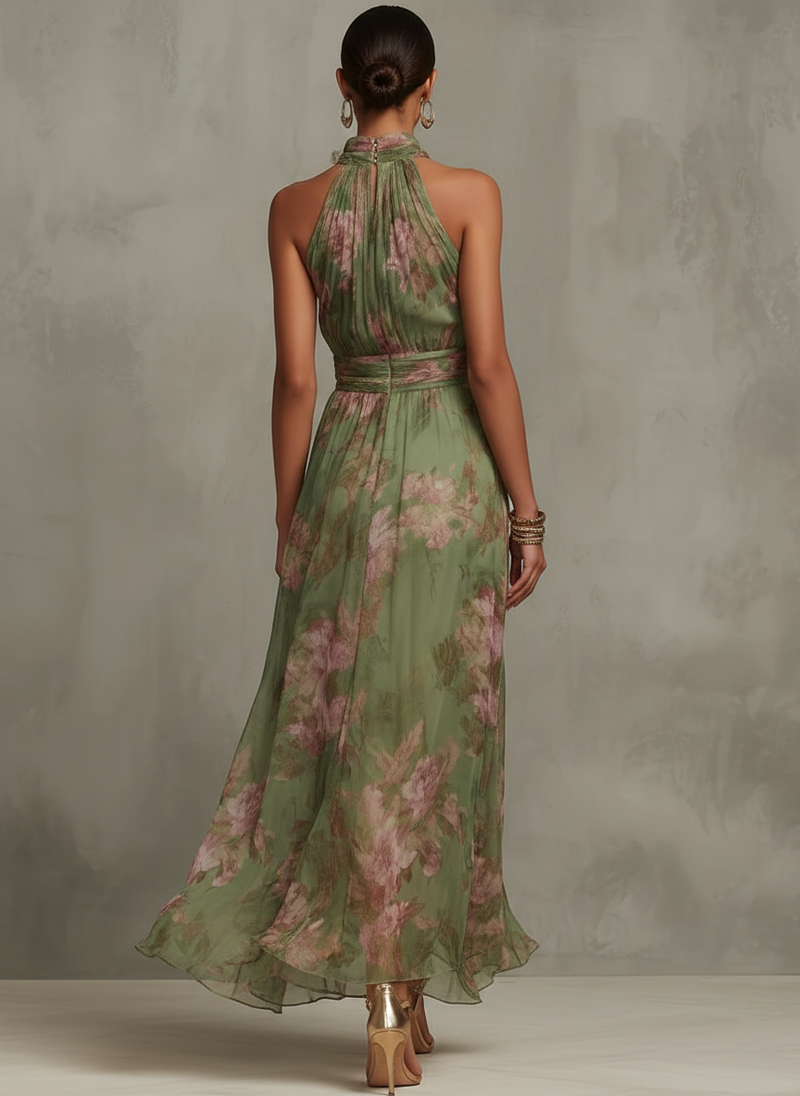 Florine™ | Vestido Maxi Verde con Estampado Floral