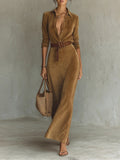 Juline™ | Vestido Maxi de aspecto gamuza con solapa