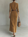 Juline™ | Vestido Maxi de aspecto gamuza con solapa