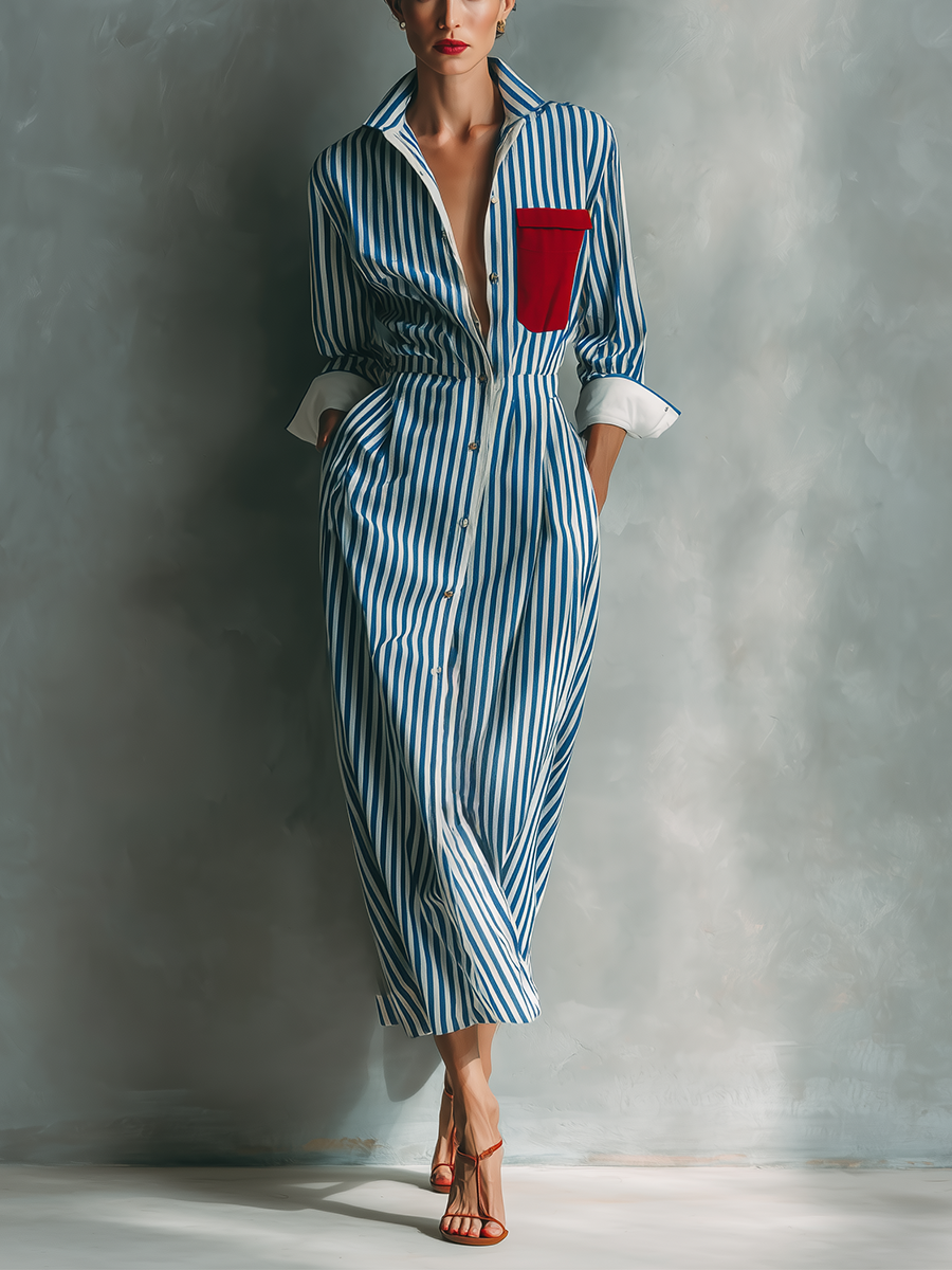 Women's Blue And White Cotton Blend Striped Shirt Dress With Red Chest Pocket MDZ1286C2T